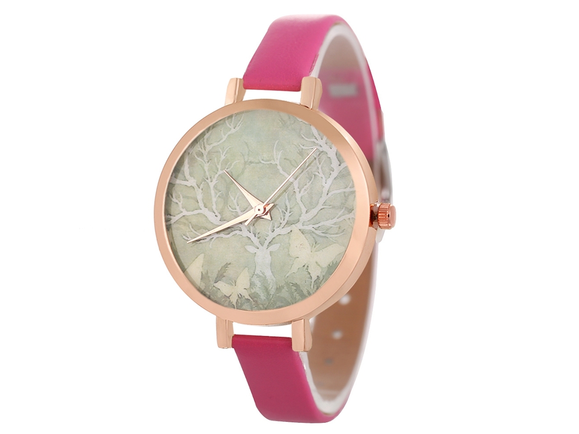 Relógio Feminino Coreano Moda Pulseira de Couro Quartzo Rosa Redondo Analógico