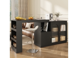 Mesa De Bar Giratória 360°, 120x40x97cm, Preta, Armário Com Porta De Vidro, Multifuncional