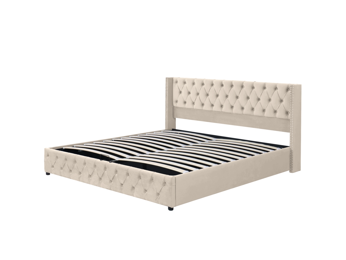 Cama Estofada Casal 160x200 com Tachas, Veludo, Hidráulica, Bege PAPRIKA