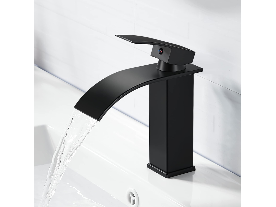 Torneira Cachoeira para Banheiro, Torneira Moderna para Lavatório Preta, Misturadora para Lavatório com Bica Altura 237 mm, Torneira Quadrada de