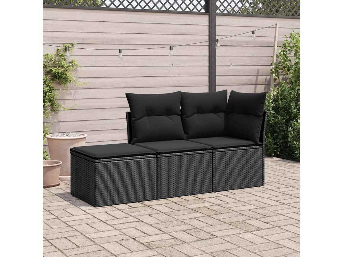 Vidaxl 3 Pcs Conjunto Sofás De Jardim Com Almofadões Vime Pe Preto