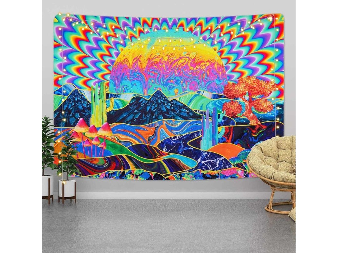 Tapestry Psicodélico Planeta Y Montaña Con Hongos Coloridos Para Decoración De Habitación
