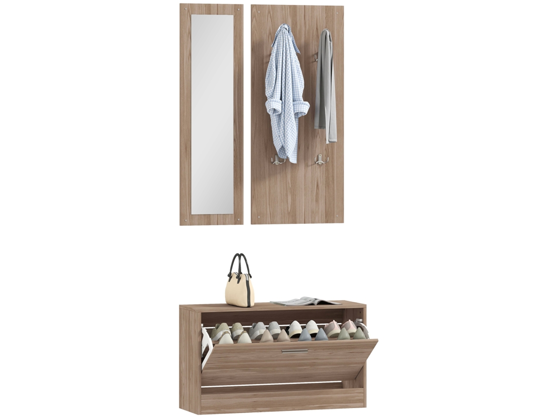 Conjunto 3 Peças: Banco Sapateira, Cabideiro, Espelho, 80x27x46,5 Cm, Castanho Escuro