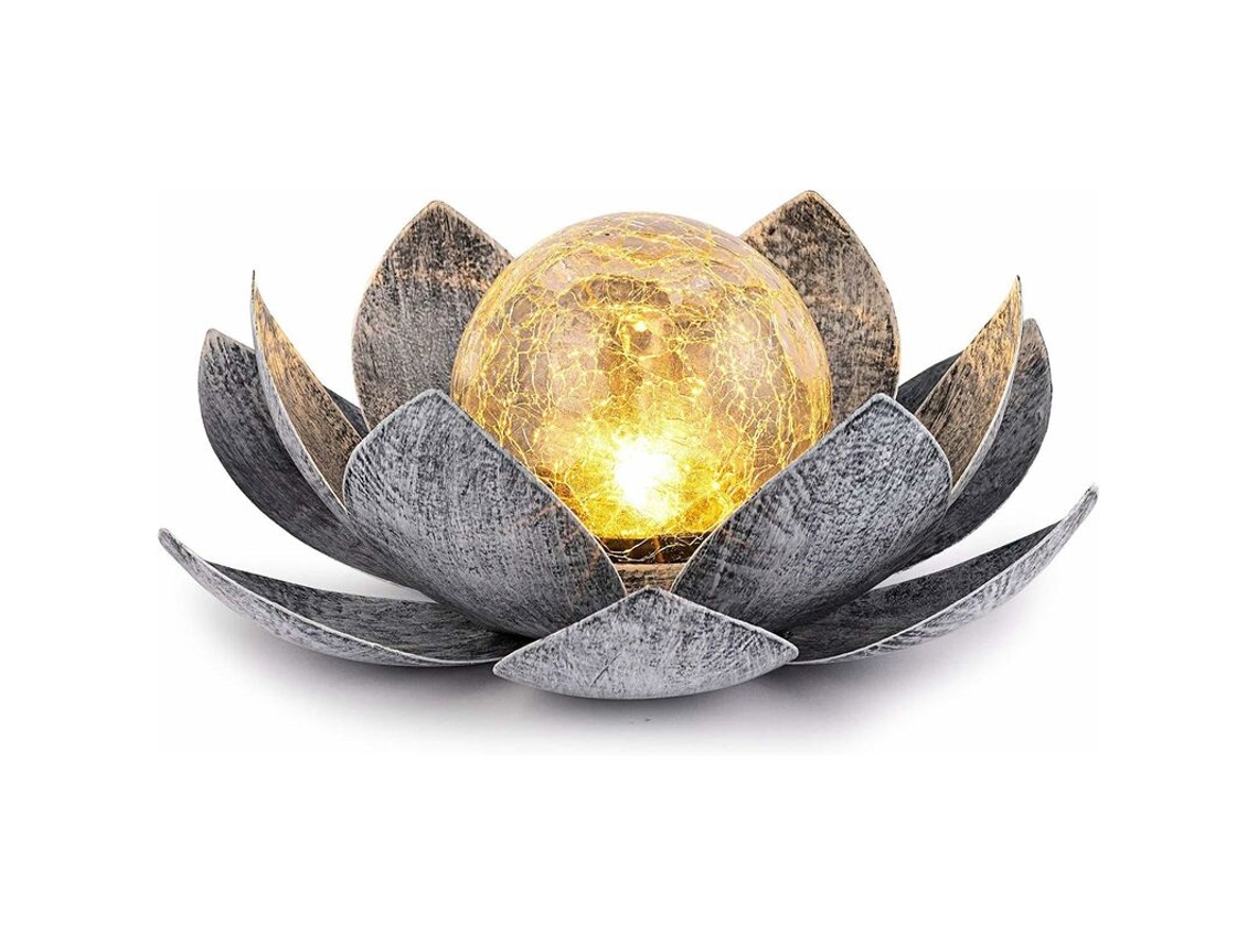 Luminárias Solares Para Uso Externo, Globo De Vidro Craquelado Com Decoração Lótus, Luzes De Led À Prova D'água Em Formato Flor Metal Para Pátio