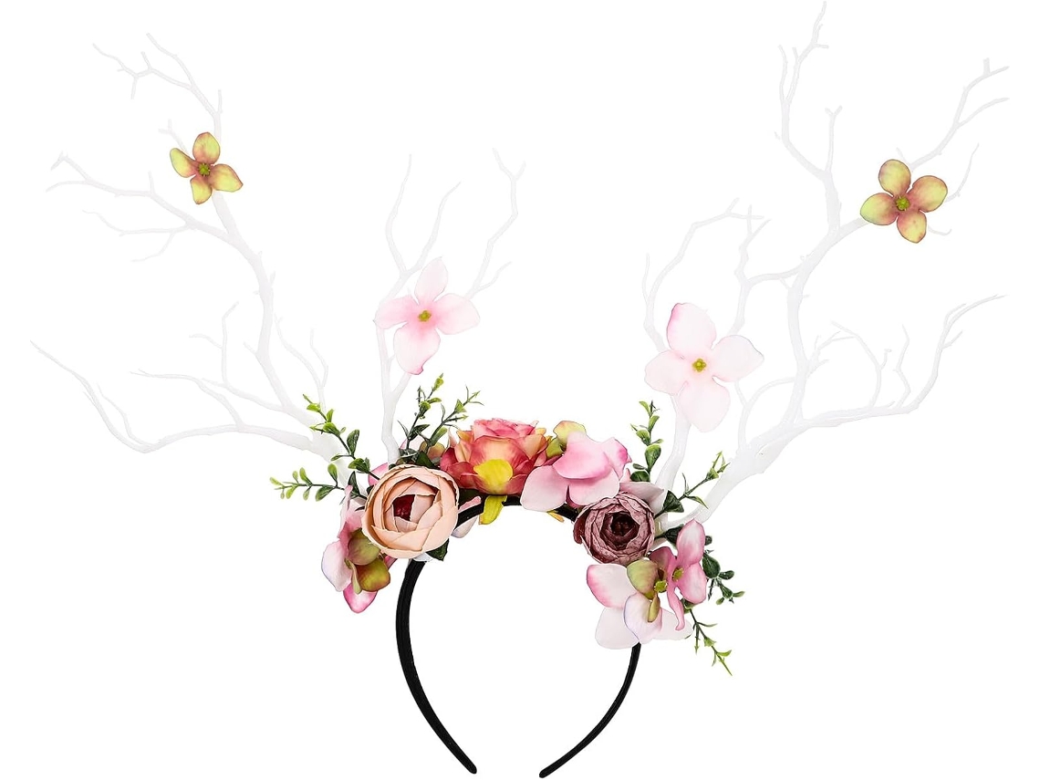 Tiara De Festa Ciieeo Com Chifres De Veado E Flores, Tiara Decorativa De Plástico E Tecido