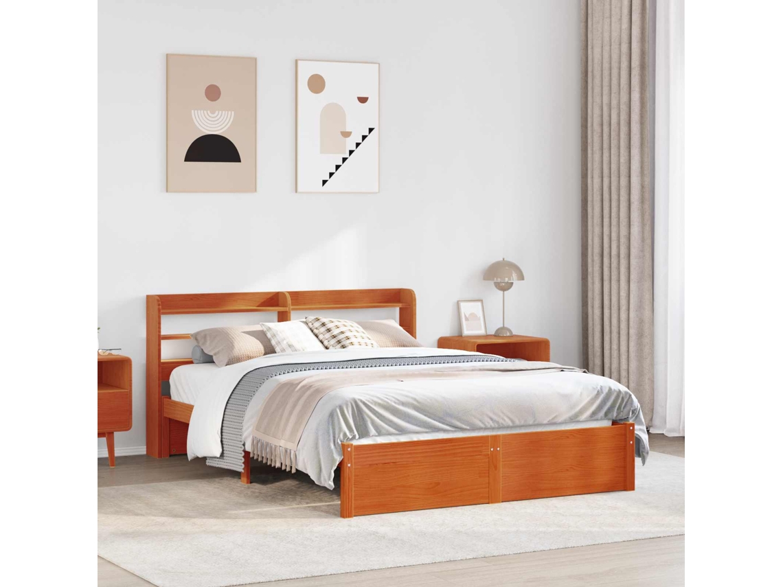 Vidaxl Estrutura Da Cama Com Prateleira Marrom Cera 150 X 200 Cm