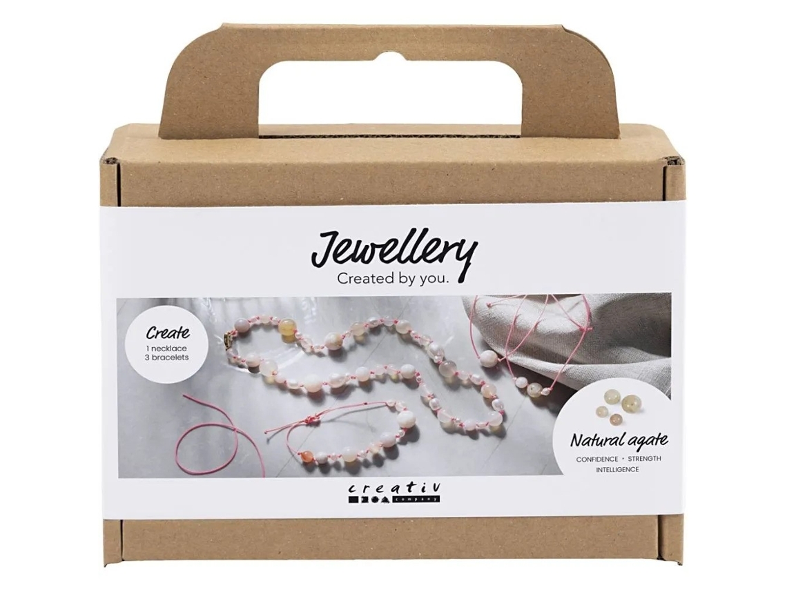 Kit de manualidades de joyería Creativ Company con cuentas de ágata rosa para pulsera y collar.