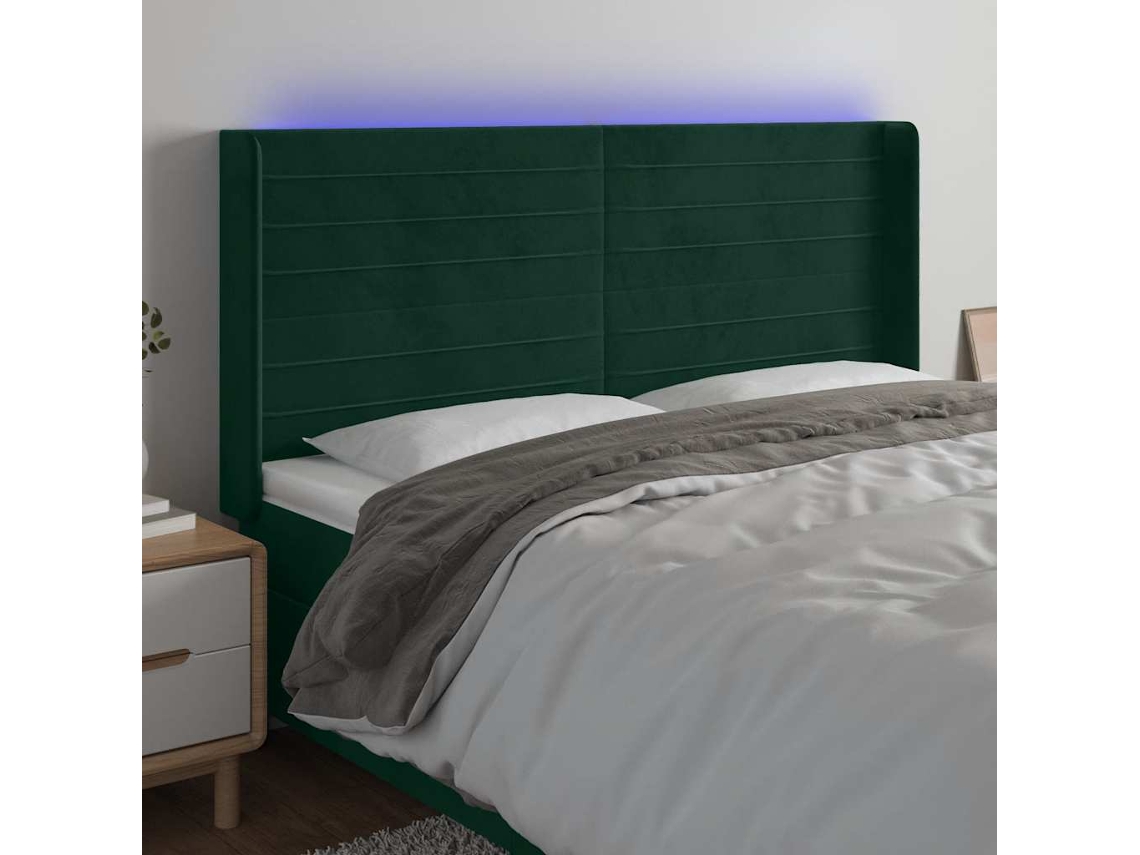 Vidaxl Cabeceira De Cama C/ Led Veludo 163x16x118/128 Cm Verde-escuro