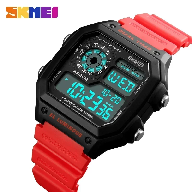 Relógio MDUG despertador digital masculino esportivo com pulseira de PU vermelho