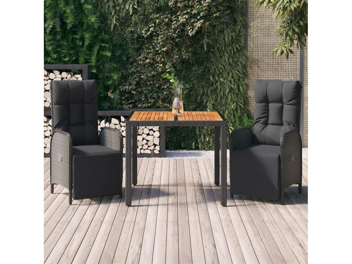 Vidaxl 3 Pcs Conjunto De Jantar P/ Jardim C/ Almofadões Vime Pe Preto