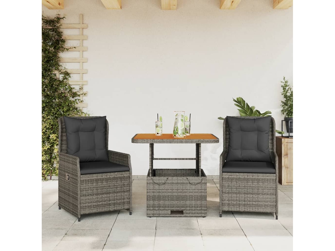 Vidaxl 3 Pcs Conjunto Bistrô Com Almofadões Vime Pe Cinza