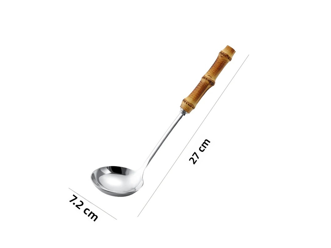 Colher de Sopa Prateada Tamanho G MDUG (colher para Massa em Aço Inoxidável 304 com Cabo de Bambu, Colher de Sopa Prática)