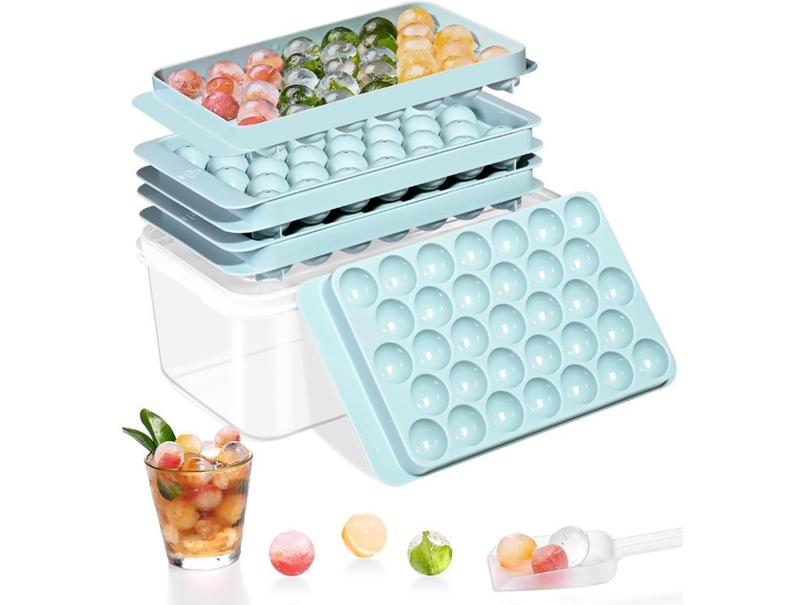 Conjunto de Formas de Gelo Redondas, Empilháveis, com Tampa e Recipiente, para Drinks, Café, Cocktails