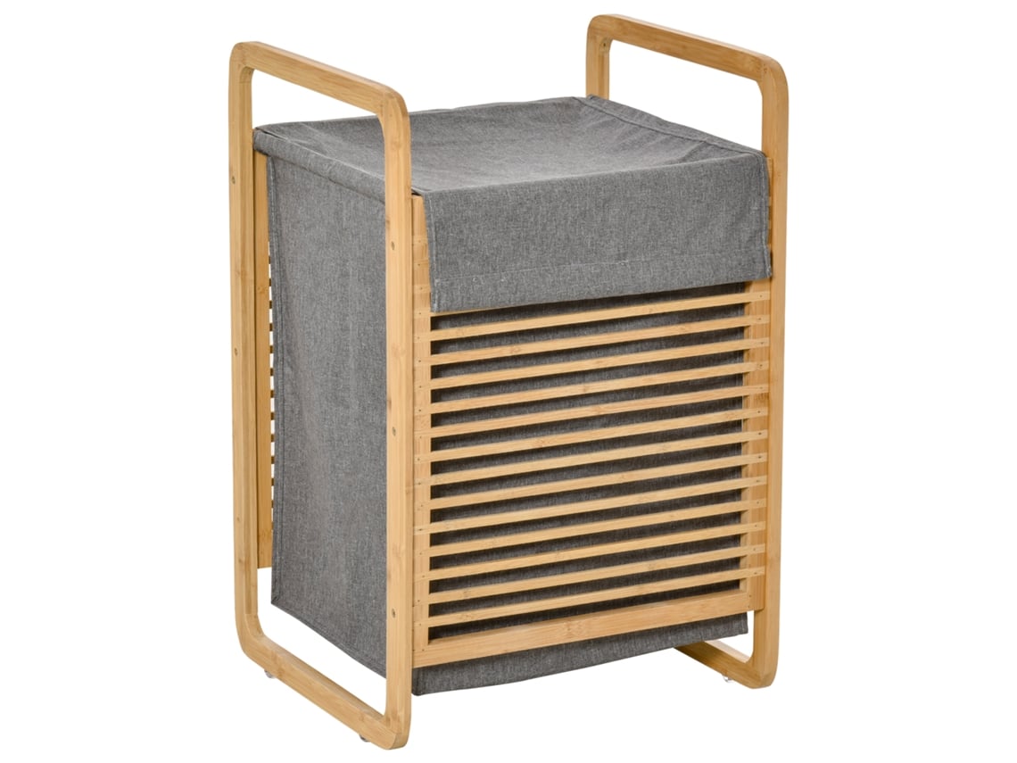 Cesto para Roupa Suja Bambú e Poliéster Cor Cor de Madeira Natural e Cinza 40x35.5x60.5cm Homcom