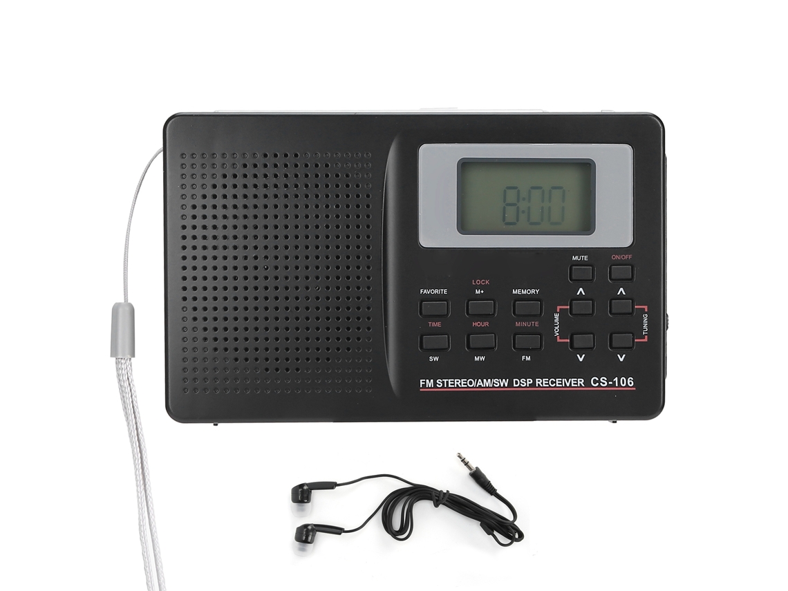 Aetheria rádio Cs 106 Mini Receptor de Banda Completa Fm/am/sw/mw com Relógio Digital e Fone de Ouvido