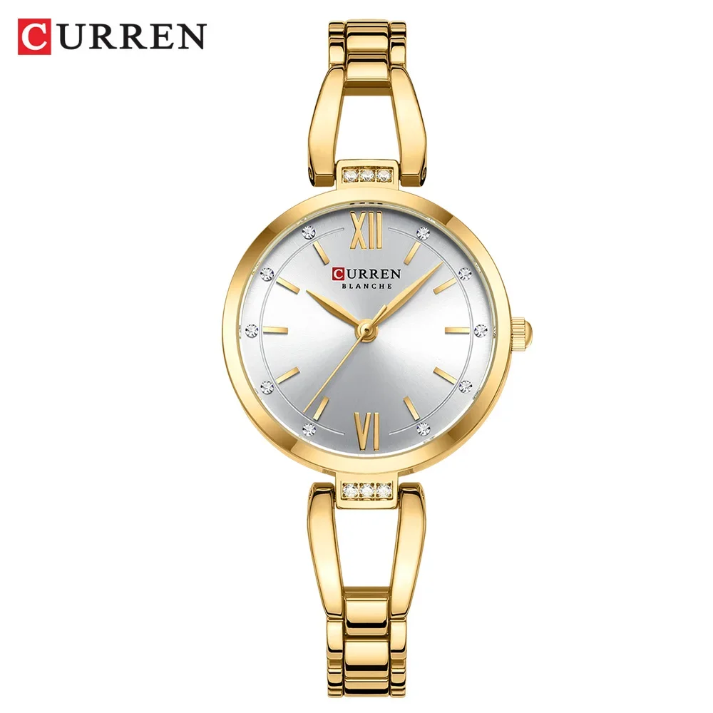 Relógio Feminino (dourado E Branco), Cravejado Com Strass Brilhantes, Pulseira Simples Em Aço Inoxidável.