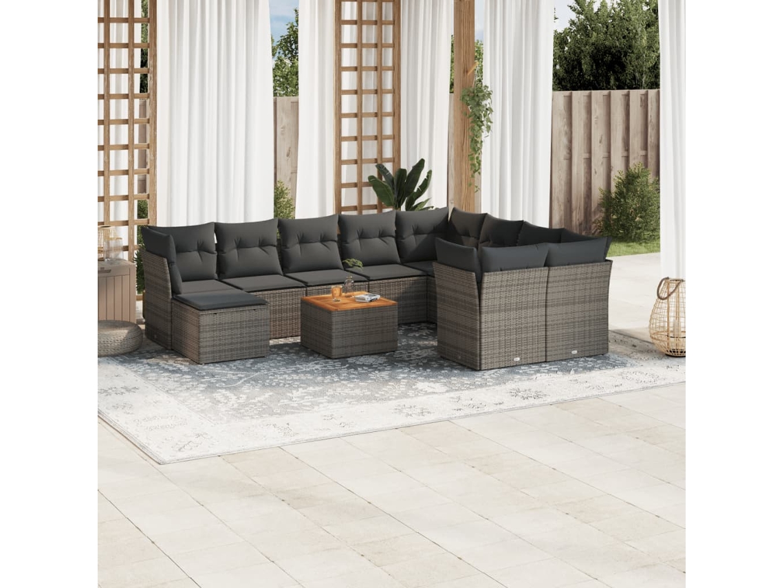 11 Pcs Conjunto Sofás De Jardim C/ Almofadões Vime Pe Cinza Dkd Home Decor