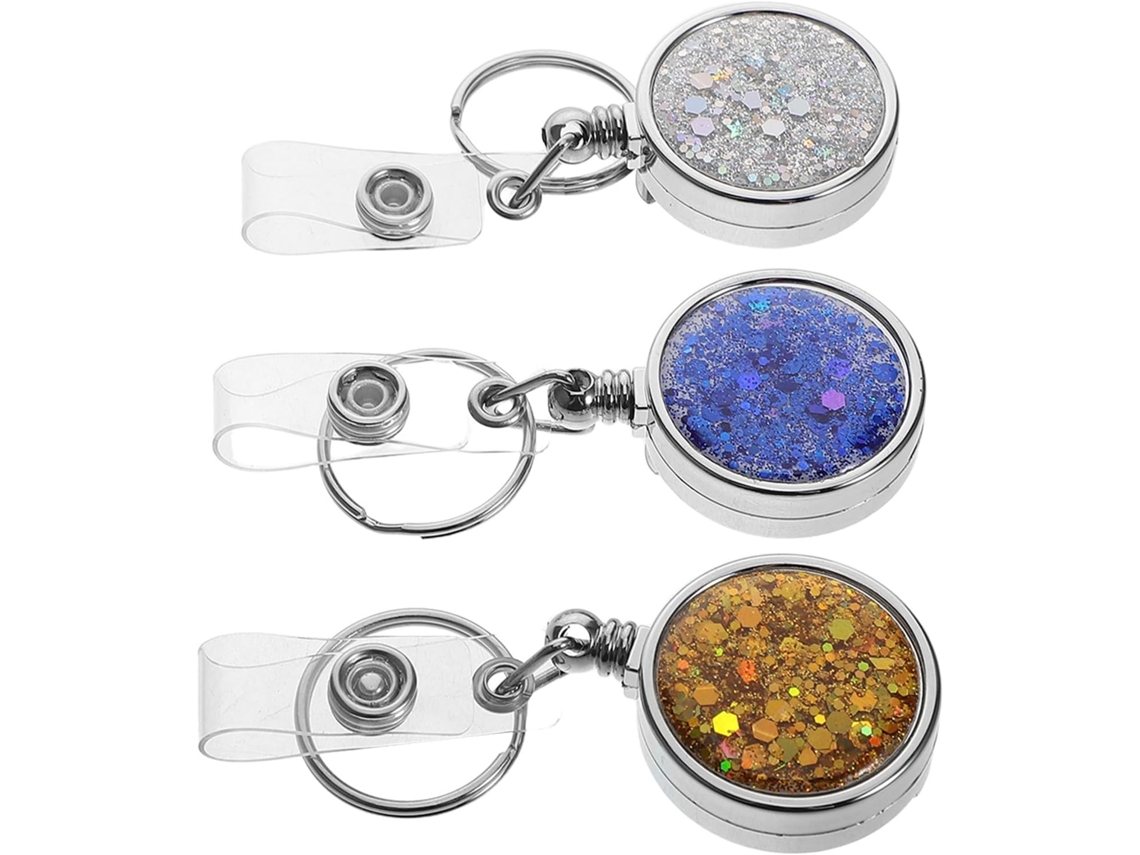 Porta Crachá Retrátil Com Acabamento Liso Em Abs E Metal Prateado Com Elegantes Strass Pacote Com 3 Unidades Clipe