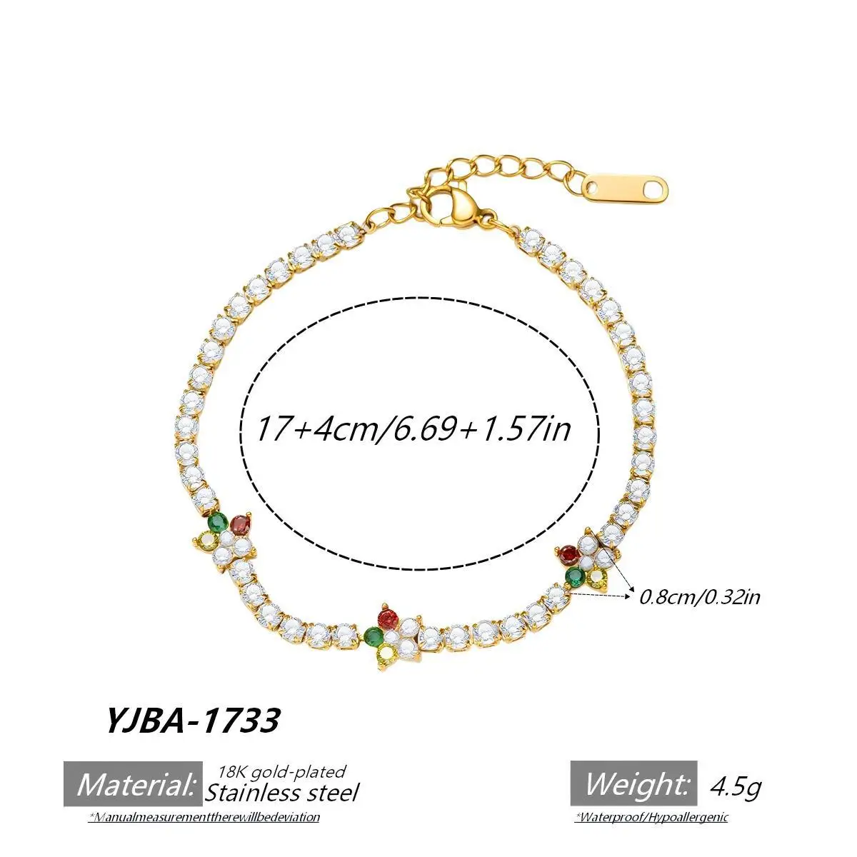Pulseira Multicolorida Em Formato De Flor De Cinco Pétalas, Bracelete Em Aço Inoxidável Com Microcravações De Zircônias.