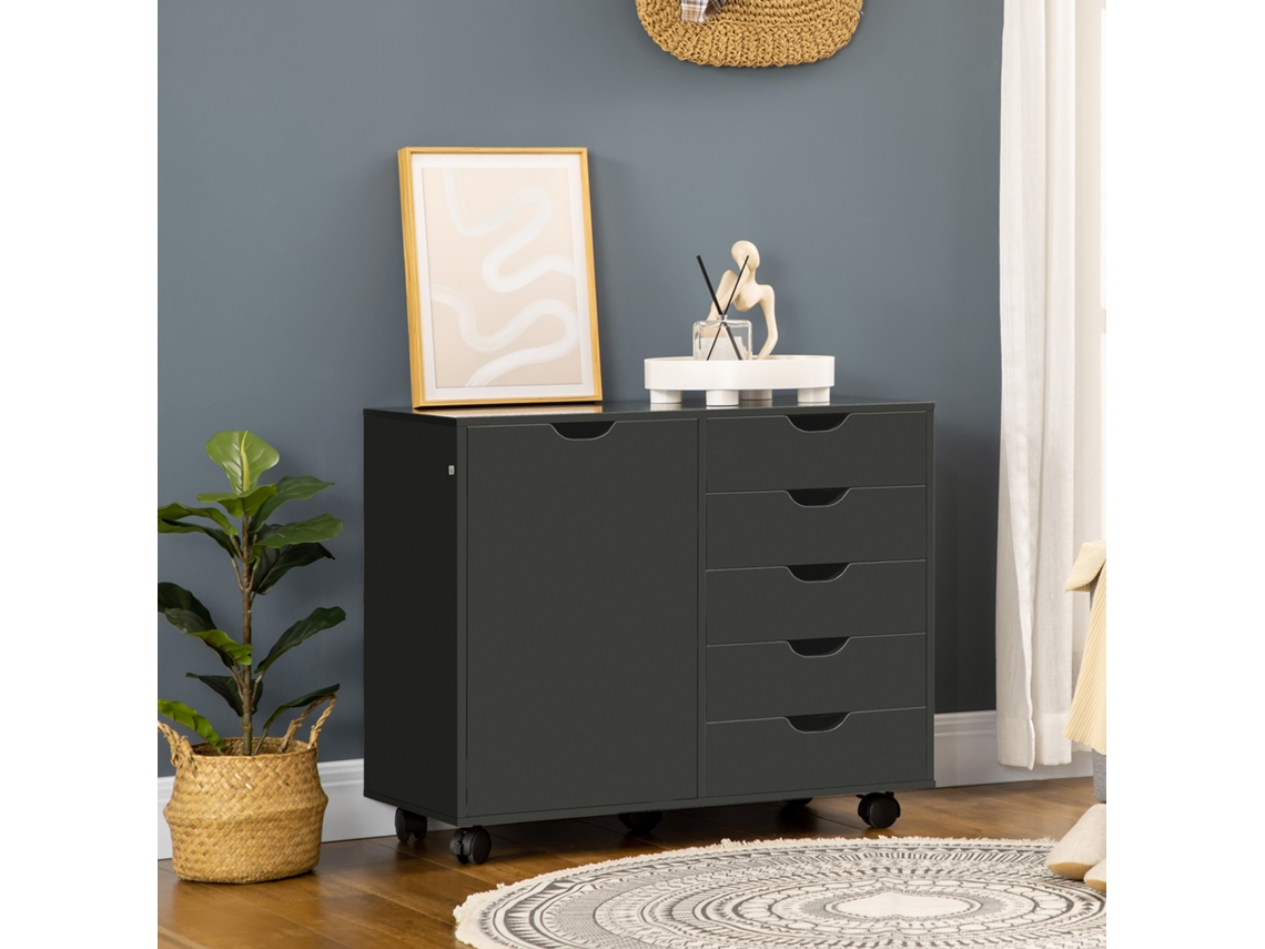 Caixa de Escritório com 5 Gavetas e 1 Porta Prateleira Ajustável, Suporte de Impressora Sobre Rodas, 78x40x66,5 Cm, Preto