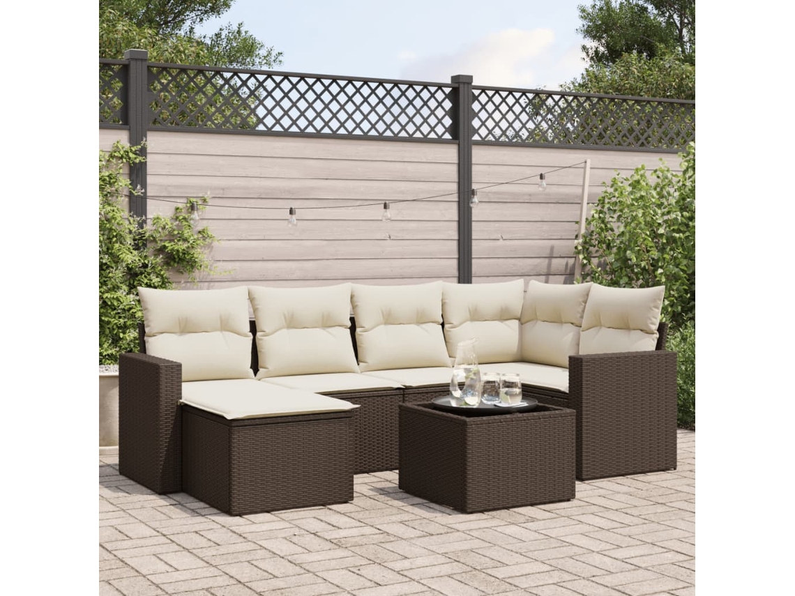 Vidaxl 7 Pcs Conjunto De Sofás Jardim C/ Almofadões Vime Pe Castanho