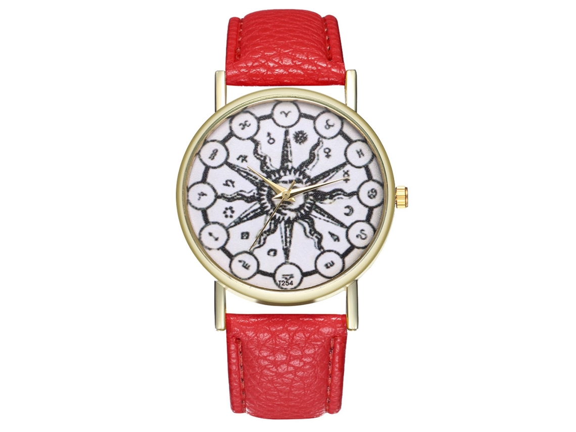 Relógio de quartzo com pulseira de couro e mostrador com estampa de pintura abstrata, exclusivo para casais, vermelho.