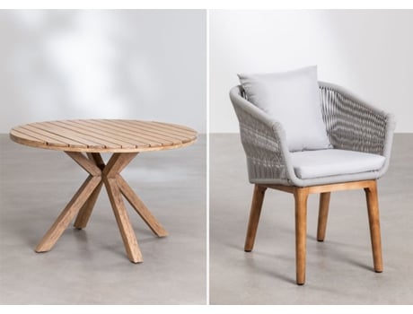 Conjunto de Mesa Redonda de Madeira Ø100 Cm Naele e 4 Cadeiras de Jantar Barker Madeira de Eucalipto Madeira de Acácia Cinzento Glaciar SKLUM
