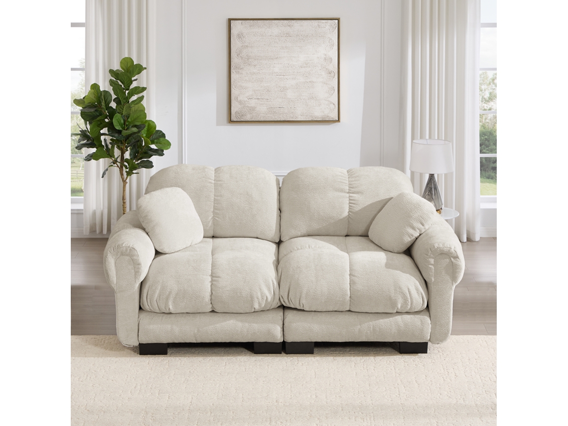 Sofá 2 Lugares Em Chenille, Design Acolchoado, Elegante, Modular, Almofadas Grossas, Encosto Ergonômico, Fácil Montagem, Caqui Claro