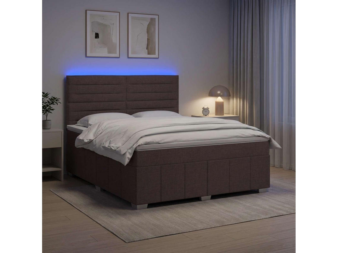 Vidaxl Cama Box Com Led E Colchão Marrom Escuro 140 X 200 Cm Tecido