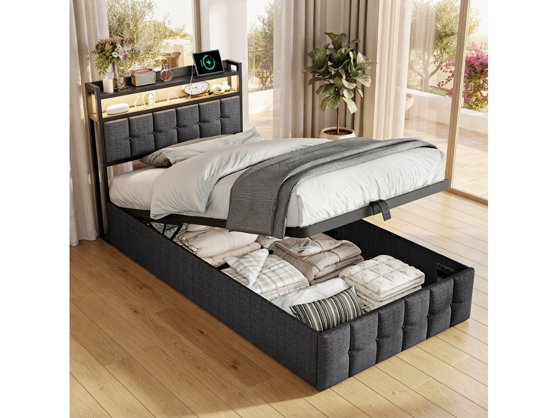 Cama Infantil De 90 X 200 Cm, Cama Hidráulica, Cabeceira Com Iluminação Led E Compartimentos De Arrumação, Em Linho, Cinzenta,simurq