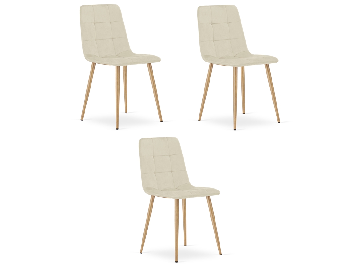 Cadeira De Jantar Conjunto De 3 Peças Pyra Assento Bege Claro, Pés Na Cor Madeira, Assento De Veludo, Assento Ergonômico