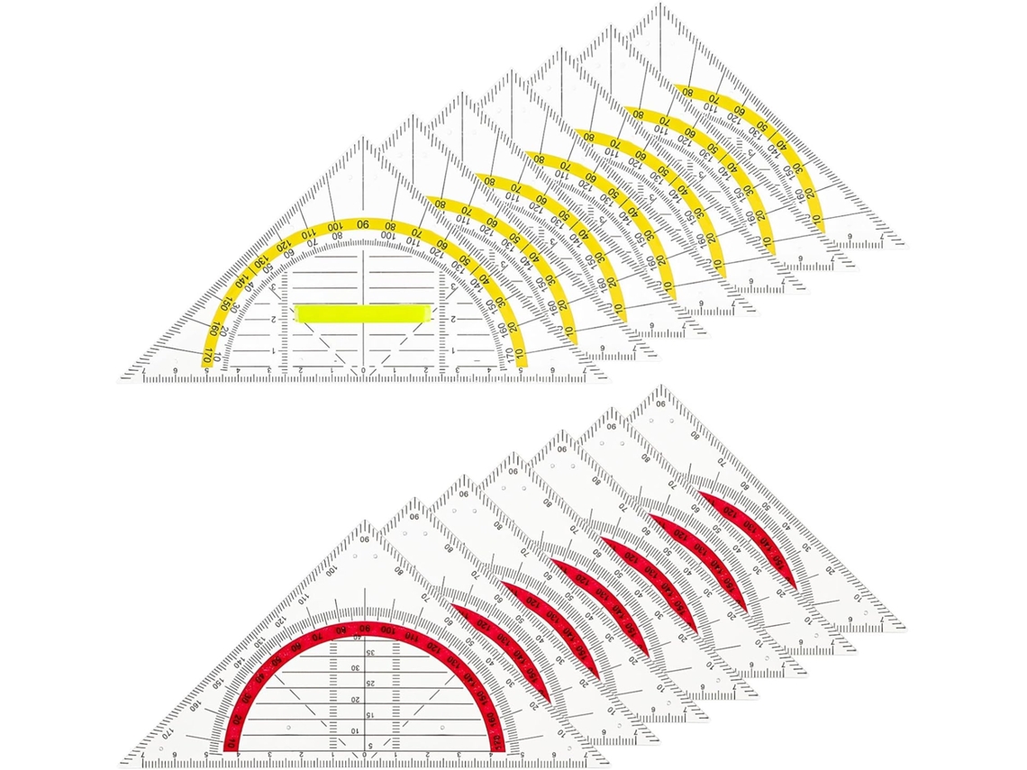 Conjunto Alasum de 12 réguas triangulares de plástico leves e multifuncionais para desenho e transferência de ângulos.