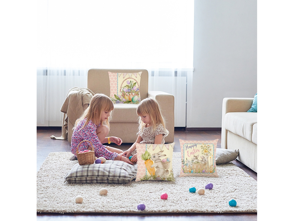 Spring Easter Linen Sofa Cushion Cover (rabbit And Egg Print, Single-sided Print) Eoocoo