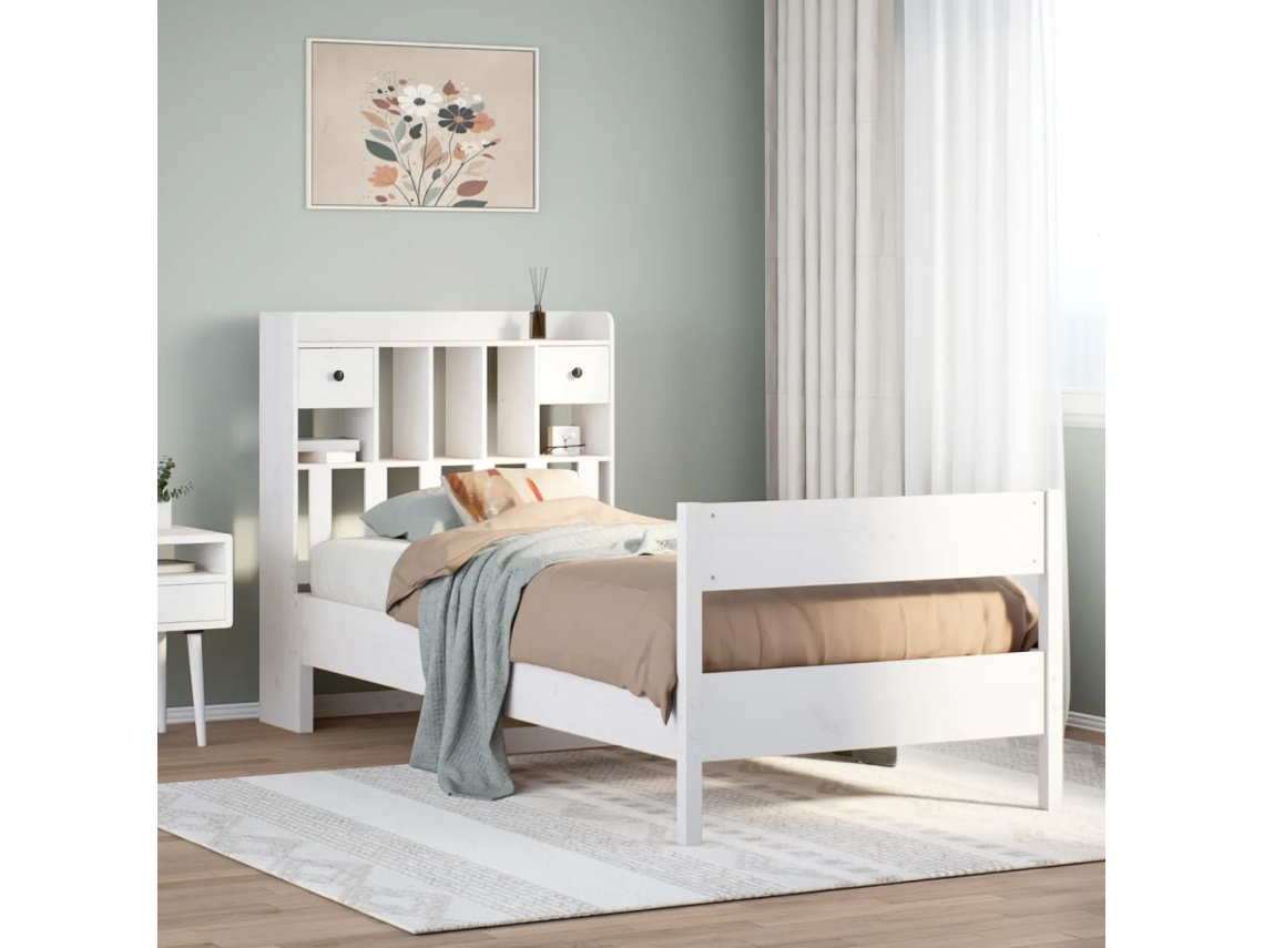 Vidaxl Cama com Estante Sem Colchão 90x200 Cm Pinho Maciço Branco