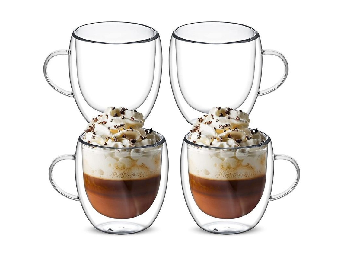 Conjunto de 4 copos de vidro duplo parede, caneca de café, com alça, isolado | S/MARCA