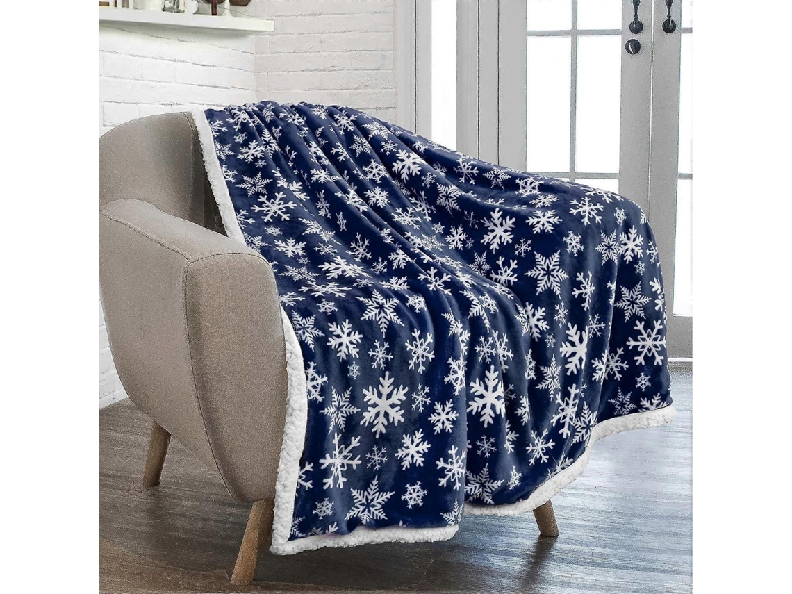 Manta De Lã Para O Natal, Azul Com Flocos De Neve, 50 X 60 Polegadas.