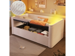 Divã de solteiro 90x200 Cm, iluminação Led, compartimento de arrumação hidráulico, ripas, veludo bege, sem colchão VSOGA