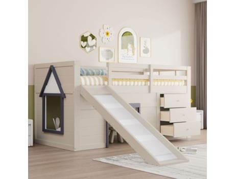 Cama Infantil Com Escorregador, 90x200 Cm, Creme
