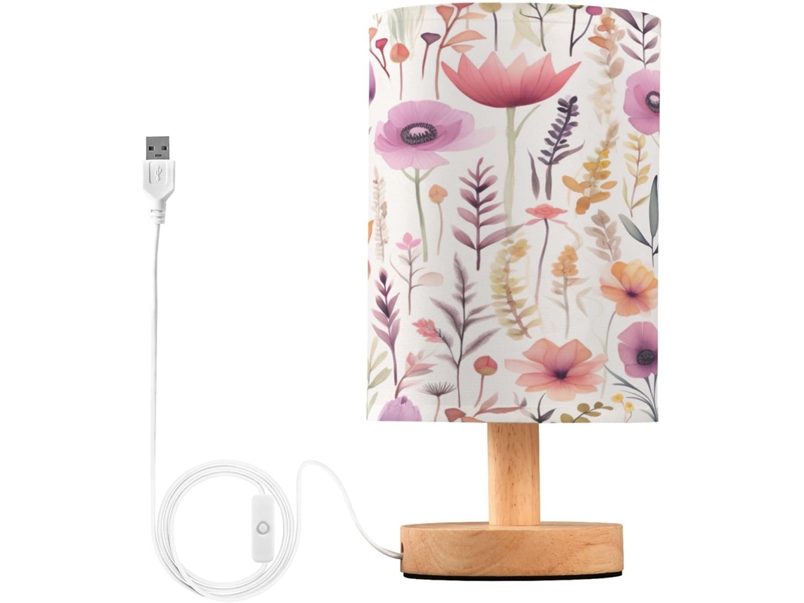 Abajur De Cabeceira Com Estampa Floral Em Aquarela, Portas De Carregamento Usb C, Luminária De Mesa Cabeceira, Luminária