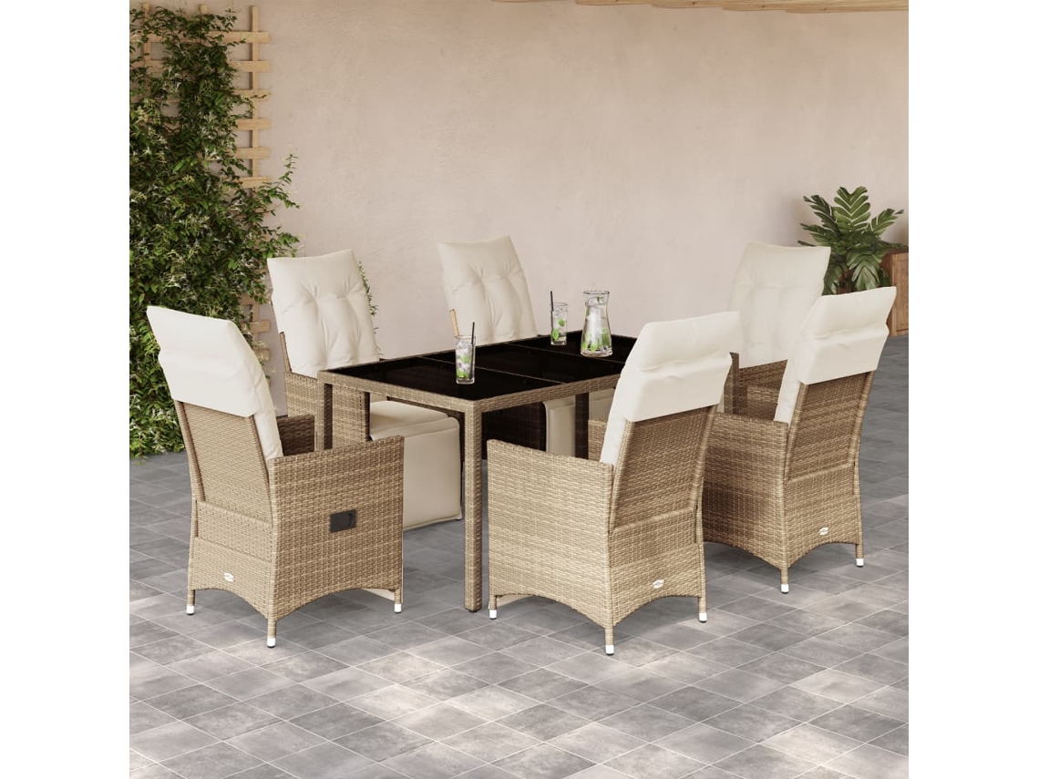 Vidaxl 7 Pcs Conjunto de Bistrô para Jardim C/ Almofadões Vime Pe Bege