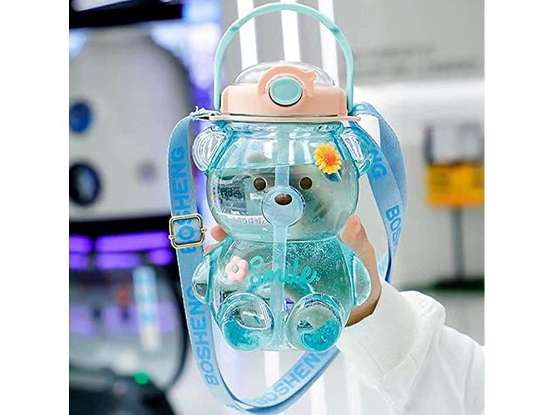 Garrafa de água Rebe em formato de urso, 1 litro, com canudo e alça, portátil e fofa para meninas adolescentes.