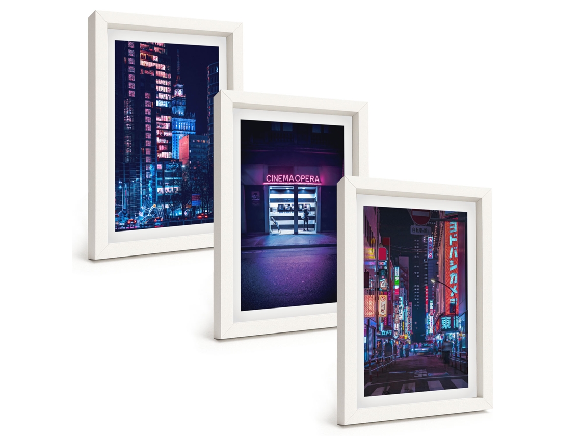 Quadros Decorativos Para Parede Cidade Noturna, Entrada Neon Moldura Branca Pinturas De Quarto Espelharte (3 Peças 20x30 Cm)