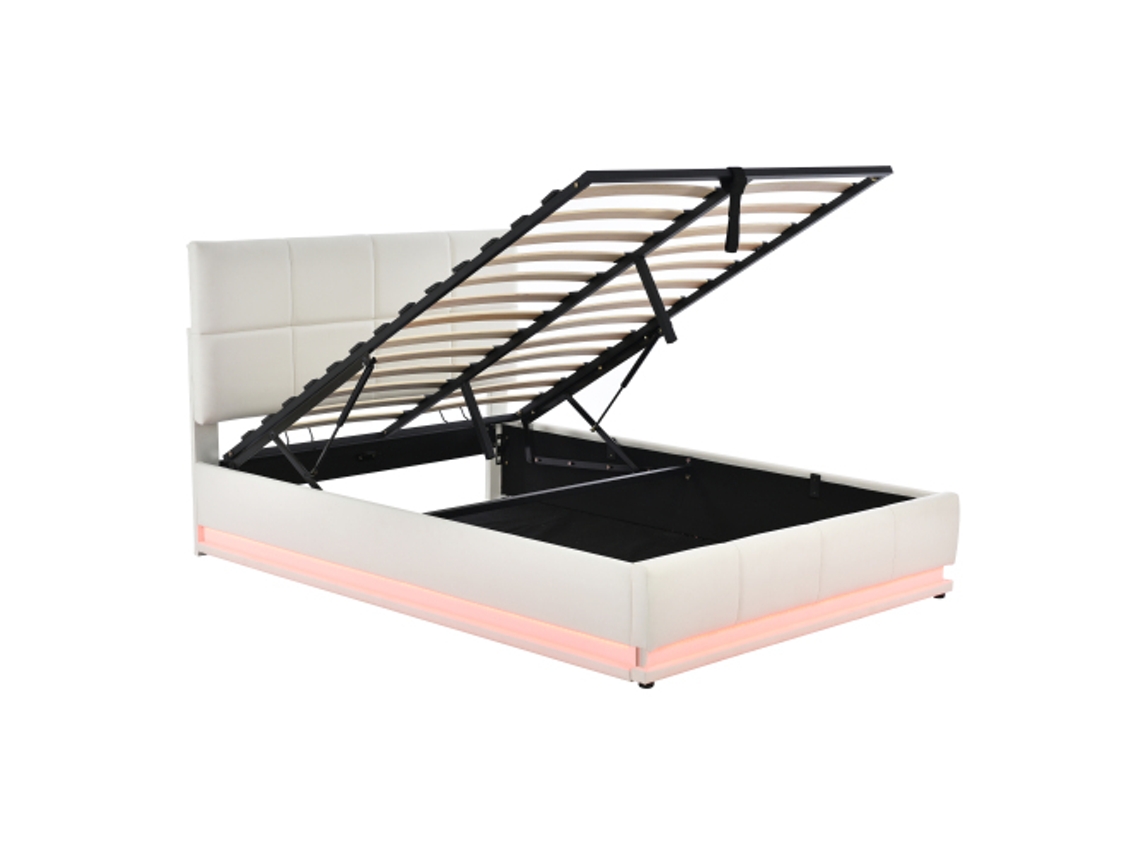 Cama Estofada de 140x200 Cm com Iluminação Led e Sistema Hidráulico de Elevação com Espaço para Armazenamento, Estrado de Ripas DELCOND