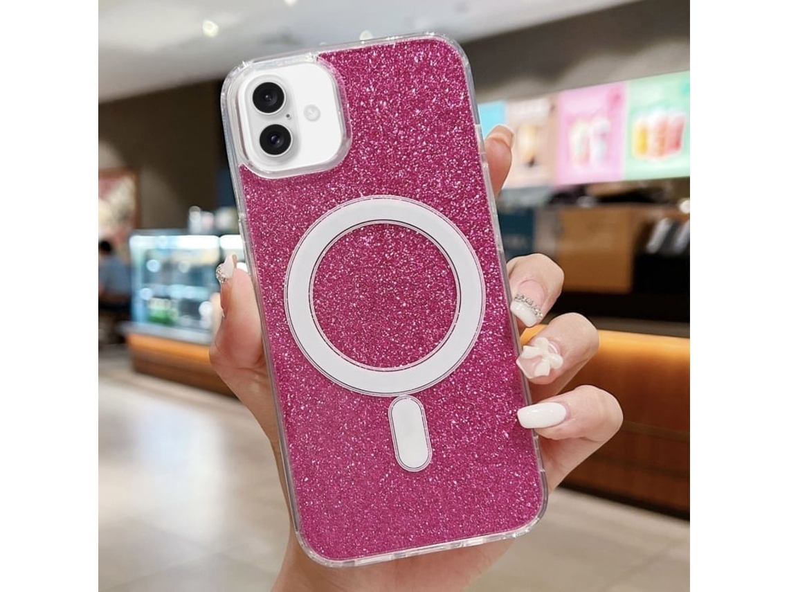 Capa Transparente Com Glitter Para Iphone 16 - Acrílico - Magsafe - Vermelho Rosado