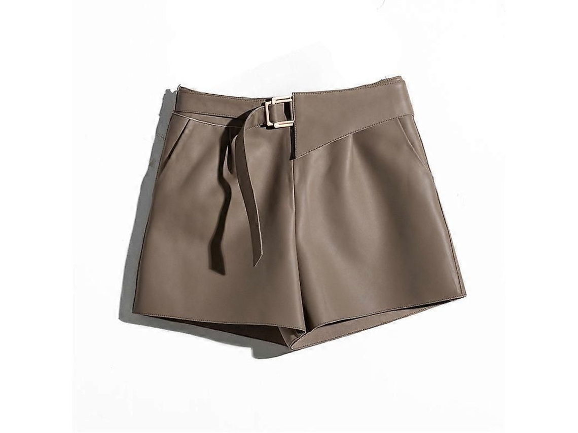 Shorts De Couro De Carneiro Genuíno De Cintura Alta Para Mulheres Com Bolsos Laterais E Cinto - Preto Cinza