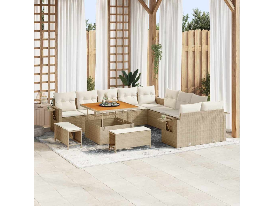 Vidaxl Conjunto De Sofá De Jardim Com Almofada 13 Pcs Bege Vime Pe