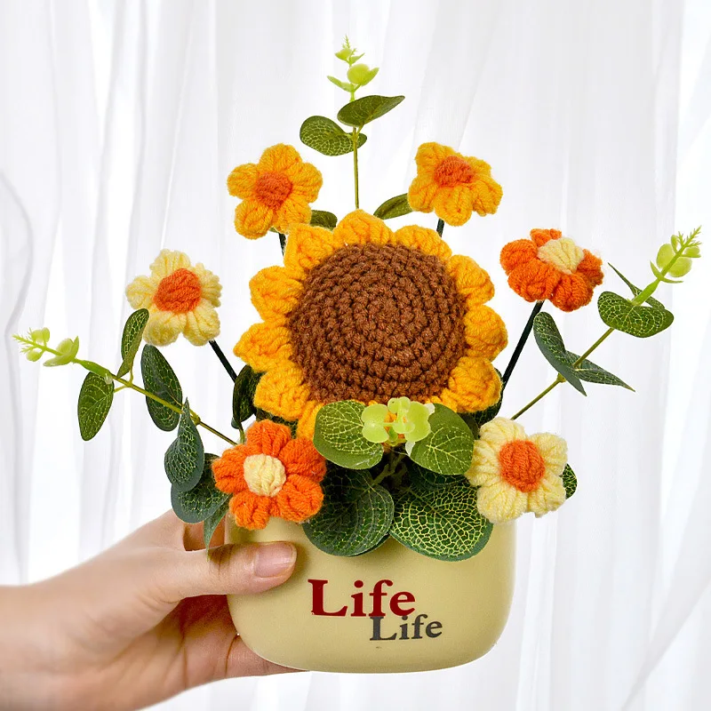 Buquês De Plantas Artificiais Em Vasos, Feitos Em Crochê, Perfeitos Para Decoração De Casa E Presentes De Aniversário.