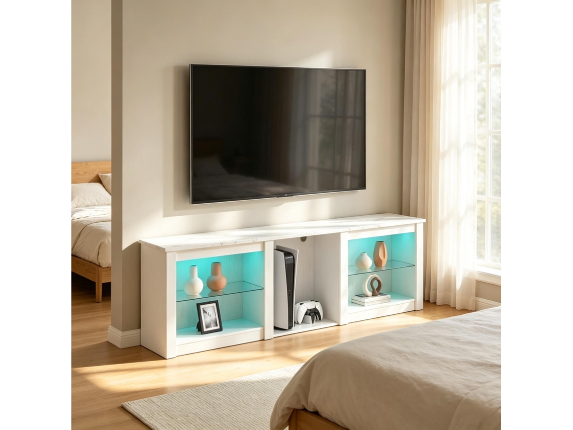 Suporte Para Tv Com Iluminação Led Para Televisores De Até 70 Polegadas Com Prateleiras De Vidro Ajustáveis.