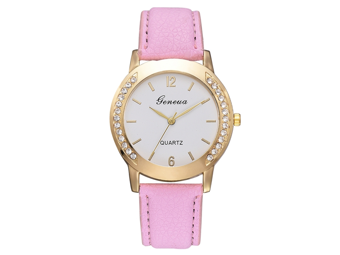 Relógio de Pulso Feminino de Quartzo com Cinto Pu e Decoração de Strass Rosa