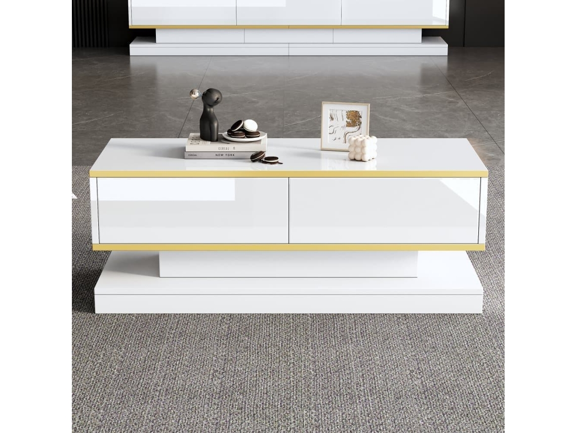 Mesa De Centro 100x50x38 Cm - Sofá Com 2 Gavetas Grandes, Mesa De Sala Única, Borda Dourada, Cor Branco Quente